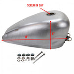 Moto Iron® 3.1 Gallon King Sportster Gas Tank for 1995-2003 Harley-Davidson Sportster shown unpainted, with included mounting hardware—bolts, washers, and rubber fittings—arranged in front of the tank.