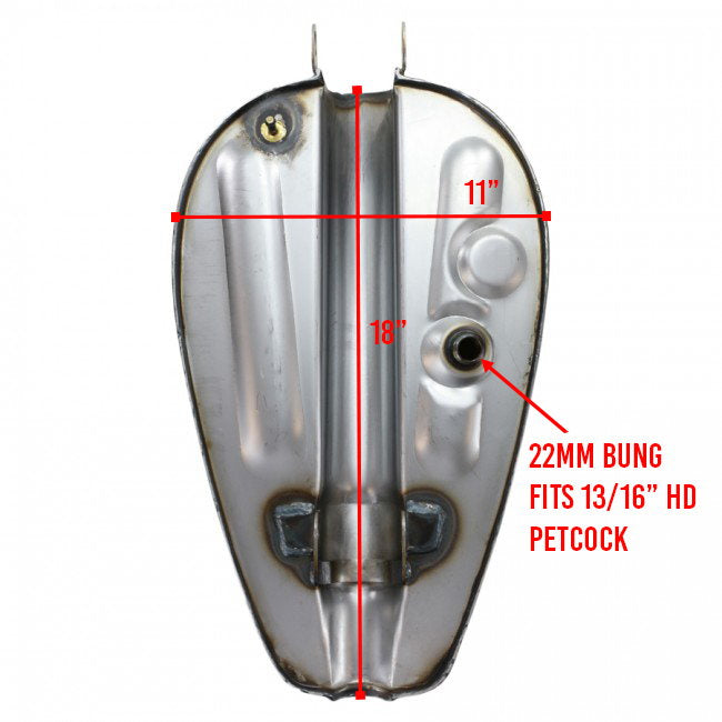 A diagram showing the dimensions of a Moto Iron® Rubber Mounted 3.1 Gal Sportster King Tank Fits 1995-03 for a Harley Sportster motorcycle.