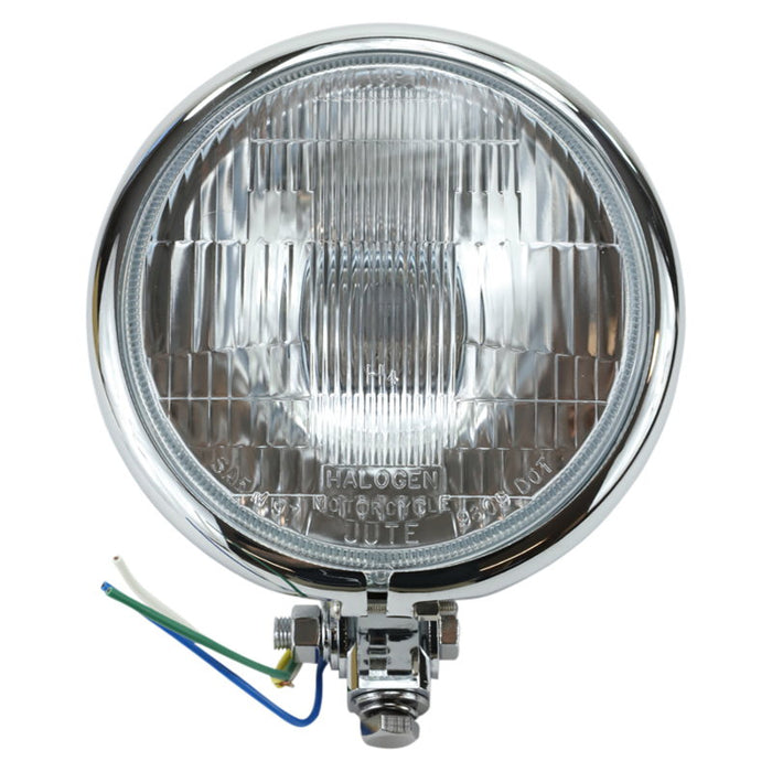 The Moto Iron® Chrome Chopper Round Headlight 5.75" features classic styling with a clear lens and exposed green, yellow, and blue wiring at the base. This custom halogen motorcycle headlight also includes a high beam indicator light.