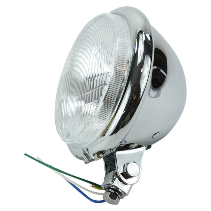 The Moto Iron® Chrome Chopper Round Headlight 5.75" features classic styling with a clear lens and exposed green, yellow, and blue wiring at the base. This custom halogen motorcycle headlight also includes a high beam indicator light.