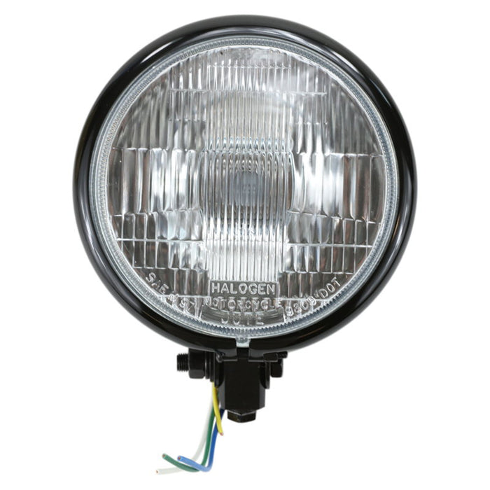 The Moto Iron® Black Chopper Round Headlight 5.75" features a classic black, round design with a clear lens and three exposed wires in blue, green, and yellow. Ideal for choppers and bobbers, it adds a vintage charm with its timeless styling.