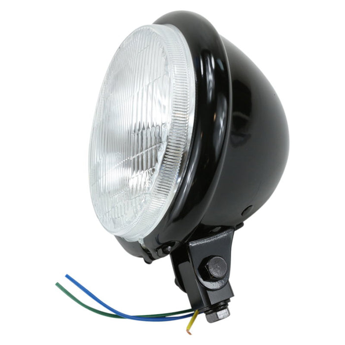 The Moto Iron® Black Chopper Round Headlight 5.75" features a classic black, round design with a clear lens and three exposed wires in blue, green, and yellow. Ideal for choppers and bobbers, it adds a vintage charm with its timeless styling.