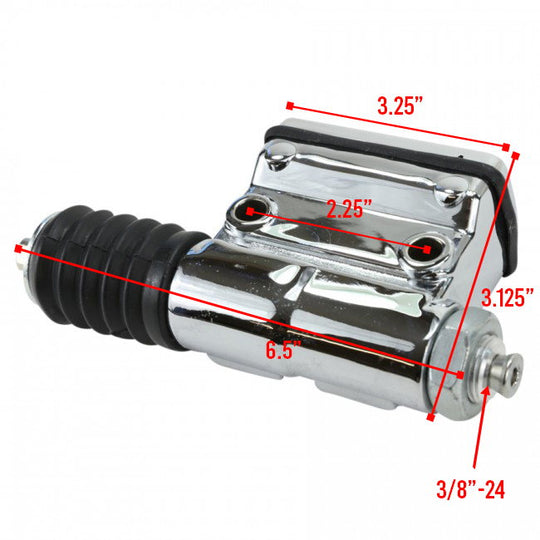 A diagram showing the dimensions of a Mid-USA Rear Brake Master Cylinder For Sportsters (fits 87-03) for Harley Sportsters.
