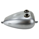 The Moto Iron® 3.3 Gallon Mustang Gas Tank features two filler caps and fuel line outlets on each side, shown unpainted against a white background.
