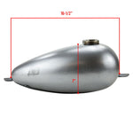 The Moto Iron® 3.3 Gallon Mustang Gas Tank features two filler caps and fuel line outlets on each side, shown unpainted against a white background.