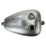 The Moto Iron® 3.3 Gallon Mustang Gas Tank features two filler caps and fuel line outlets on each side, shown unpainted against a white background.