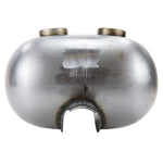 The Moto Iron® 3.3 Gallon Mustang Gas Tank features two filler caps and fuel line outlets on each side, shown unpainted against a white background.