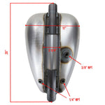 The Moto Iron® 3.3 Gallon Mustang Gas Tank features two filler caps and fuel line outlets on each side, shown unpainted against a white background.