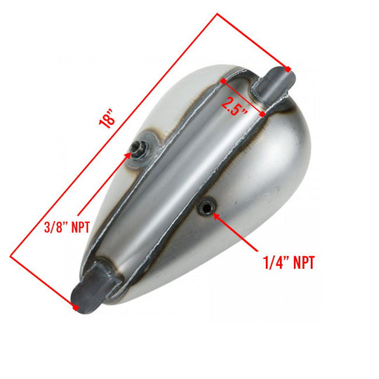 A picture of a Moto Iron® 2.2 Gal. Axed Tank motorcycle exhaust pipe with measurements.