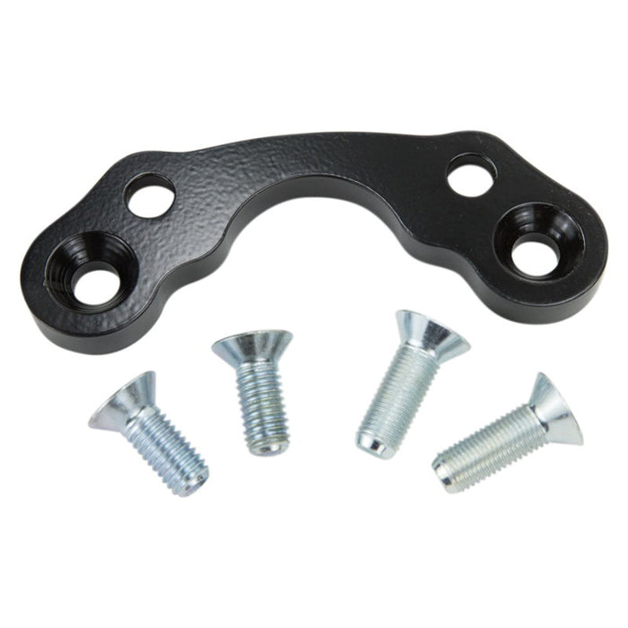 A Moto Iron® Black Handlebar Riser Adapter for Springer Front Ends 3.5" centers with screws and bolts on a white background.