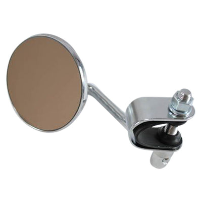 A Moto Iron® Chrome Mini Clamp On Mirror, attached to the handlebars, on a white background.