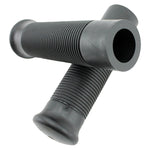 The Moto Iron® Vintage Style Grips for 1" Handlebars feature two black, ribbed rubber grips, one resting diagonally on the other, offering a classic vintage aesthetic.