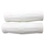 Two Old School 1" White Handlebar Grips by Moto Iron®, featuring ridged surfaces, are placed side by side on a plain white background.