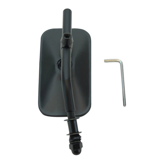 Moto Iron® Rectangular Mirror, 2" x 4 1/4", black, includes mounting hardware and hex key. Designed for Harley Davidson, shown on a white background.