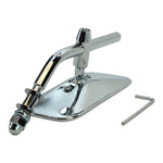 A chrome skateboard truck with an attached riser glistens like Moto Iron's Rectangular Mirror, accompanied by an Allen wrench on a pristine white background.