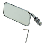 A chrome skateboard truck with an attached riser glistens like Moto Iron's Rectangular Mirror, accompanied by an Allen wrench on a pristine white background.
