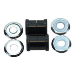 Four metal washers and two black urethane bushings from the Moto Iron® Heavy Duty Handlebar Riser Bushing Kit for Harley Big Twin/Sportster (HD