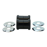 Four metal washers and two black urethane bushings from the Moto Iron® Heavy Duty Handlebar Riser Bushing Kit for Harley Big Twin/Sportster (HD# 56157-85T), ideal for effective vibration dampening.