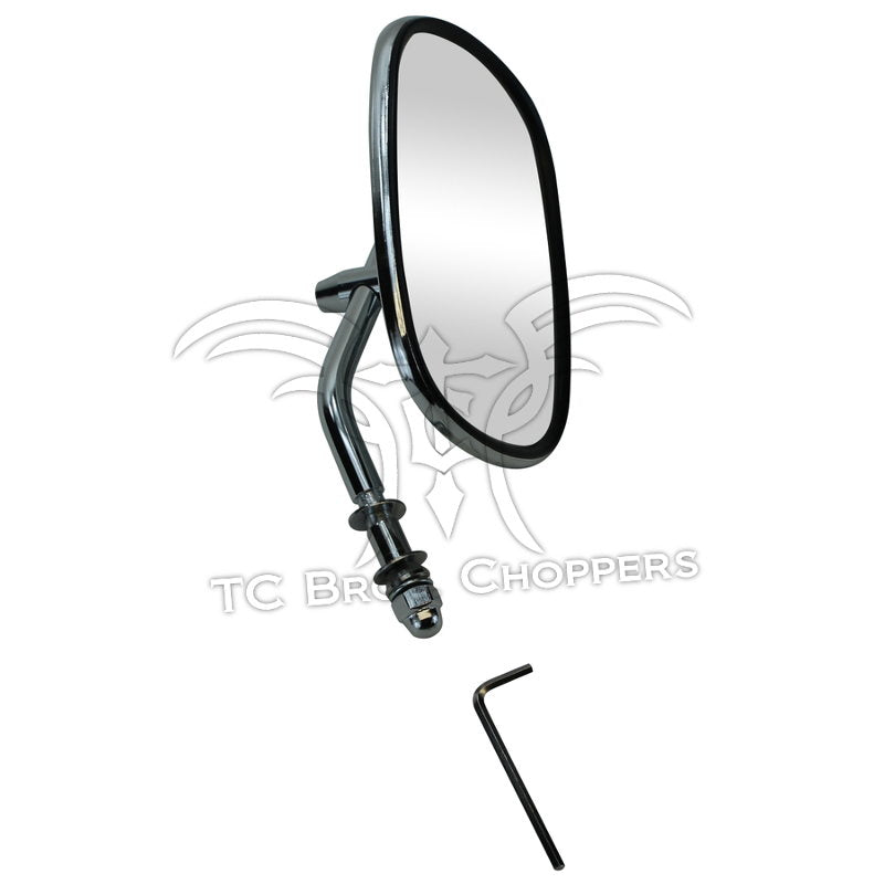 The Mid-USA Rectangle Mirror for Harley-Davidson by Mid-USA features a chrome-plated finish, a rectangular mirror, and includes a hex key tool. It is shown on a white background.