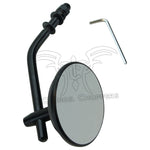 The Moto Iron® Black 3" Mini Mirror fits all Harley 1965-later lever mounts (left or right side) and features a black metal arm with an included L-shaped hex key, shown mountable on a white background.