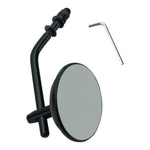 The Moto Iron® Black 3" Mini Mirror fits all Harley 1965-later lever mounts (left or right side) and features a black metal arm with an included L-shaped hex key, shown mountable on a white background.