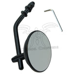 The Moto Iron® Black 3" Mini Mirror fits all Harley 1965-later lever mounts (left or right side) and features a black metal arm with an included L-shaped hex key, shown mountable on a white background.