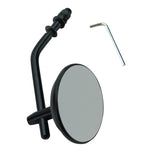The Moto Iron® Black 3" Mini Mirror fits all Harley 1965-later lever mounts (left or right side) and features a black metal arm with an included L-shaped hex key, shown mountable on a white background.