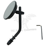 The Moto Iron® Black 3" Mini Mirror fits all Harley 1965-later lever mounts (left or right side) and features a black metal arm with an included L-shaped hex key, shown mountable on a white background.