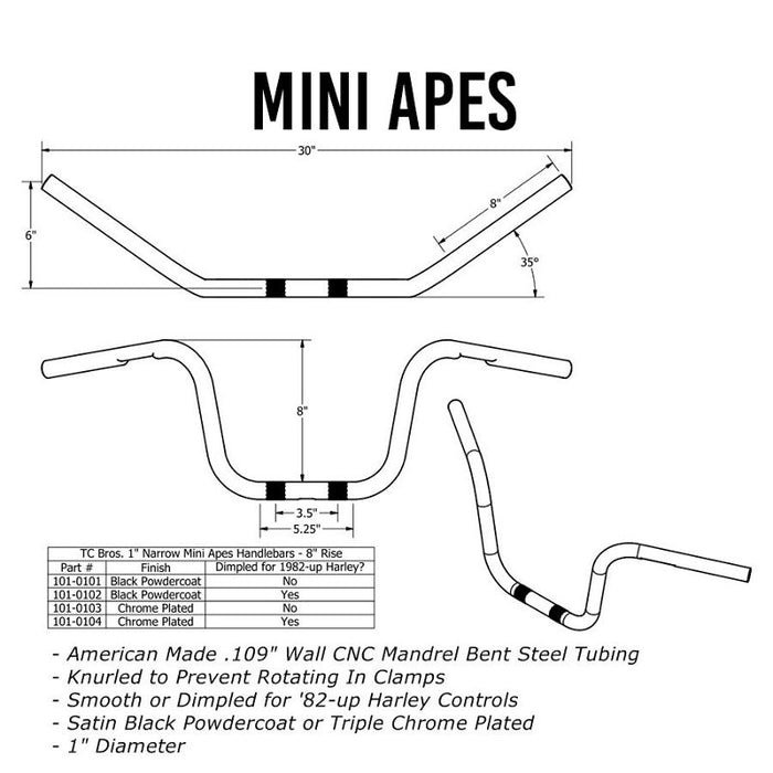 TC Bros. 1" Narrow Mini Apes Handlebars - 8" Black, in black.