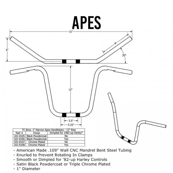 A drawing of TC Bros. 1" Narrow Apes Handlebars with Harley controls, featuring the word "apes" on TC Bros. 12" Chrome.