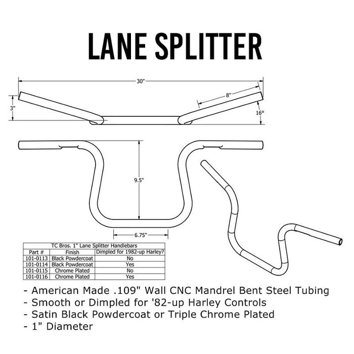 A drawing of TC Bros. 1" Lane Splitter™ Handlebars - Chrome featuring chrome handlebars.