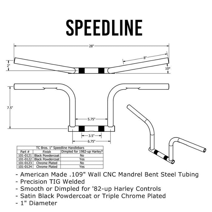 TC Bros. 1" Speedline handlebars - Black for Harley models.