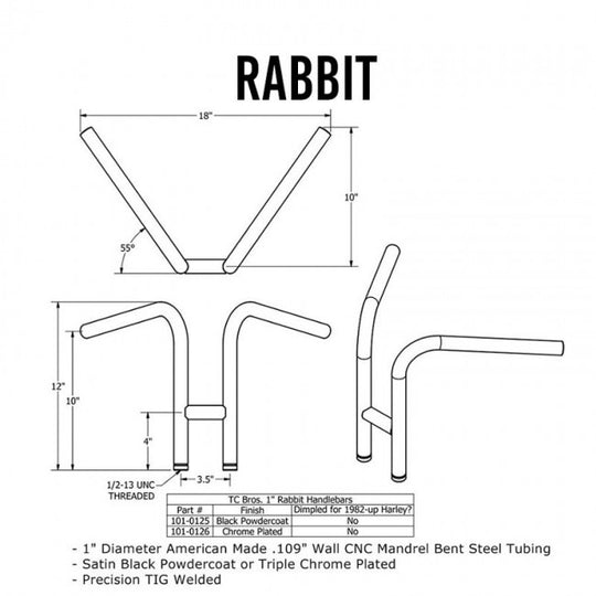 The TC Bros. 1" Rabbit Handlebar by TC Bros. features a high-rise, H-shaped chrome design, shown against a plain white background.