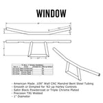 Two TC Bros. 1" Window Handlebars, one chrome and one black, featuring a distinctive rectangular center design inspired by TC Bros. Harley-Davidson styles, are displayed on a white background.