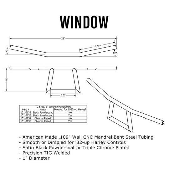 Two TC Bros. 1" Window Handlebars, one chrome and one black, featuring a distinctive rectangular center design inspired by TC Bros. Harley-Davidson styles, are displayed on a white background.