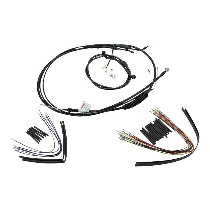 Image shows the Burly Extended Cable / Brake Line Kit For 12" Ape Hangers Harley Sportster XL 2007-2013 laid out, featuring various cables, connectors, and wire tubing designed specifically for Harley Sportster models. Components are displayed in an orderly manner for easy identification.