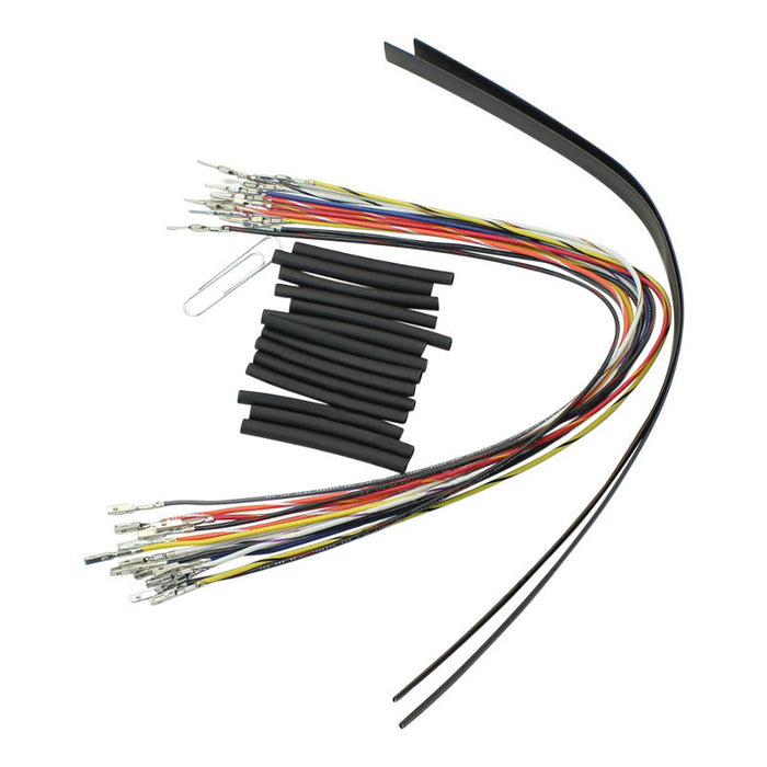 Image shows the Burly Extended Cable / Brake Line Kit For 12" Ape Hangers Harley Sportster XL 2007-2013 laid out, featuring various cables, connectors, and wire tubing designed specifically for Harley Sportster models. Components are displayed in an orderly manner for easy identification.