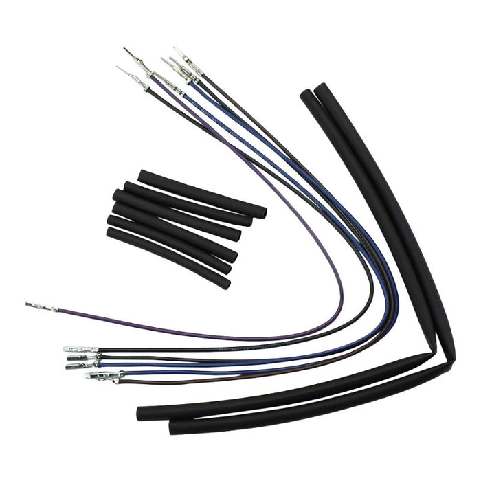 Image shows the Burly Extended Cable / Brake Line Kit For 12" Ape Hangers Harley Sportster XL 2007-2013 laid out, featuring various cables, connectors, and wire tubing designed specifically for Harley Sportster models. Components are displayed in an orderly manner for easy identification.