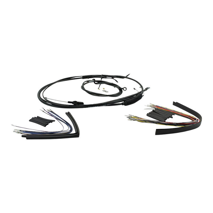 Image shows the Burly Extended Cable / Brake Line Kit For 12" Ape Hangers Harley Sportster XL 2007-2013 laid out, featuring various cables, connectors, and wire tubing designed specifically for Harley Sportster models. Components are displayed in an orderly manner for easy identification.