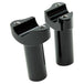 Two Moto Iron® 3.5" Black Forged Handlebar Risers for Harley, featuring a sleek black finish and mounting holes, stand upright on a white background.
