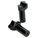Two Moto Iron® 3.5" Black Forged Handlebar Risers for Harley, featuring a sleek black finish and mounting holes, stand upright on a white background.