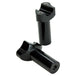 Two Moto Iron® 3.5" Black Forged Handlebar Risers for Harley, featuring a sleek black finish and mounting holes, stand upright on a white background.
