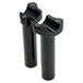 Two Moto Iron® 5.5" Black Forged Handlebar Risers for Harley, each a metal cylinder with threaded screw holes on top, stand vertically on a white background.
