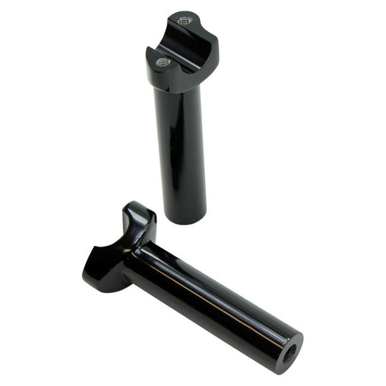 Two Moto Iron® 5.5" Black Forged Handlebar Risers for Harley, each a metal cylinder with threaded screw holes on top, stand vertically on a white background.