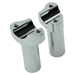 Two Moto Iron® 3.5" Chrome Forged Handlebar Risers for Harley are shown standing upright on a white background.