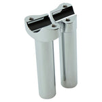 Two Moto Iron® 5.5" Chrome Forged Handlebar Risers for Harley, each with a 1" diameter and top mounting holes, are placed side by side on a white background.