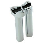 Two Moto Iron® 5.5" Chrome Forged Handlebar Risers for Harley, each with a 1" diameter and top mounting holes, are placed side by side on a white background.
