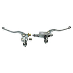 The Moto Iron® 1" Handlebar Control Kit features chrome master cylinder and clutch levers with hardware and adjustment knobs, shown on a white background—ideal for Harley-Davidson or custom motorcycles.