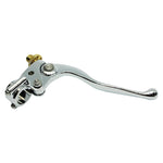 The Moto Iron® 1" Handlebar Control Kit features chrome master cylinder and clutch levers with hardware and adjustment knobs, shown on a white background—ideal for Harley-Davidson or custom motorcycles.