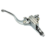 The Moto Iron® 1" Handlebar Control Kit features chrome master cylinder and clutch levers with hardware and adjustment knobs, shown on a white background—ideal for Harley-Davidson or custom motorcycles.